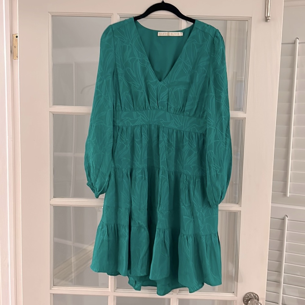 Marie Oliver Teal Green V-Neck Tiered Long-Sleeve Dress